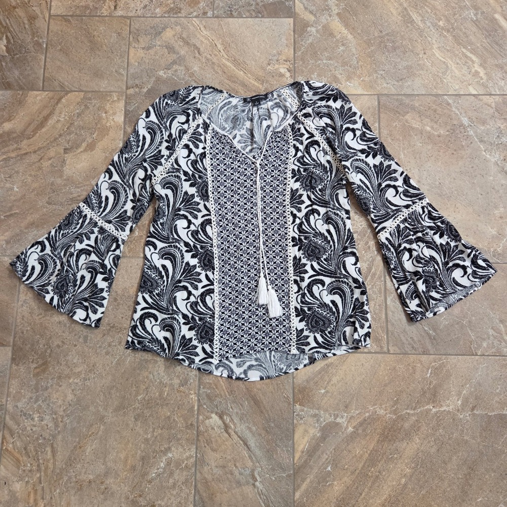 INC International Concepts Black White Paisley Bell Sleeve Tassel Boho Blouse S